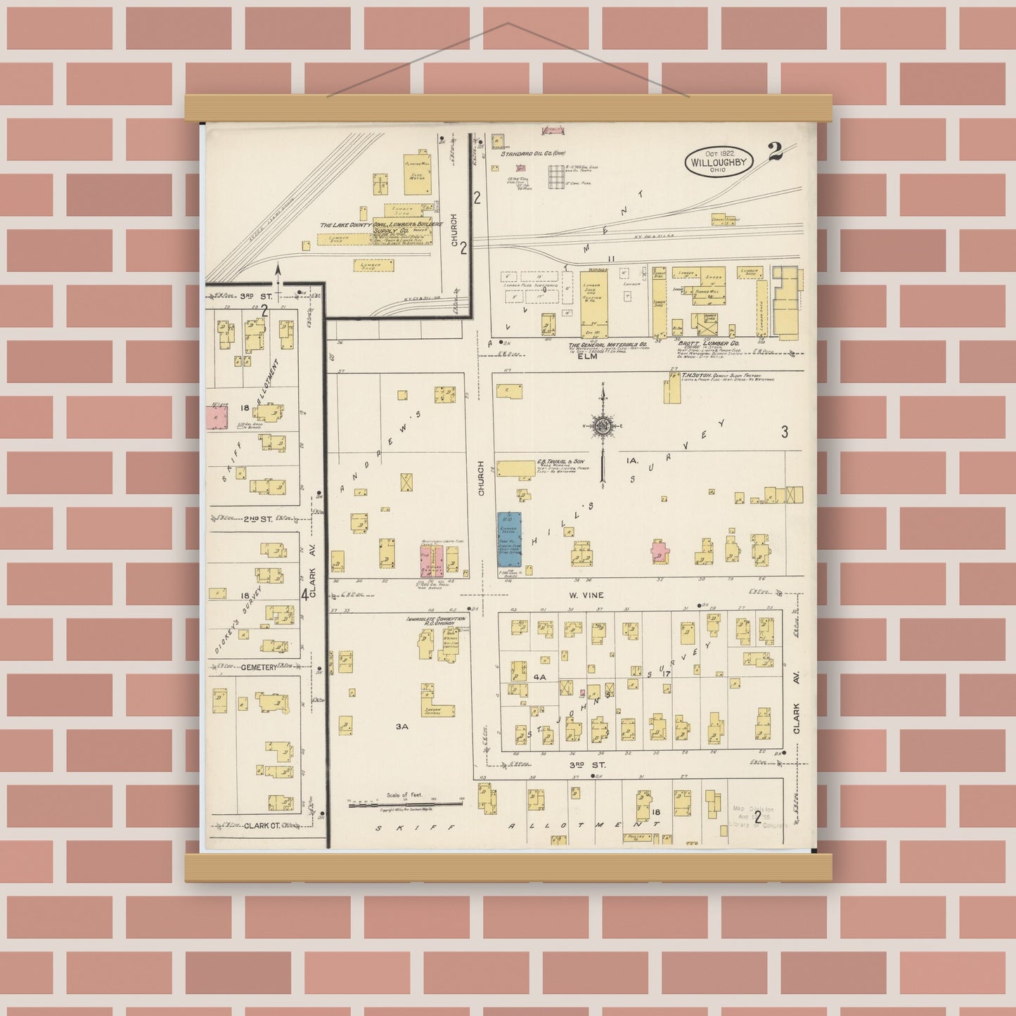 Old map wall art mockup — magnetic wood frame on brick wall — Sanborn Fire Insurance Map from Willoughby, Lake County, Ohio (1922), Sheet #0002