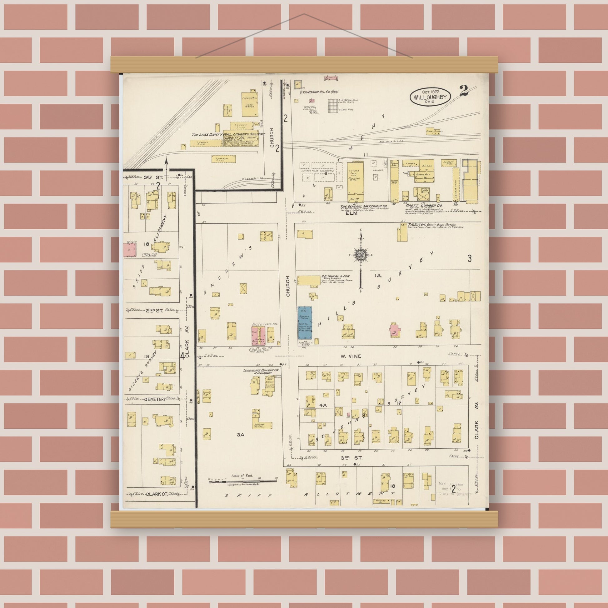 Old map wall art mockup — magnetic wood frame on brick wall — Sanborn Fire Insurance Map from Willoughby, Lake County, Ohio (1922), Sheet #0002