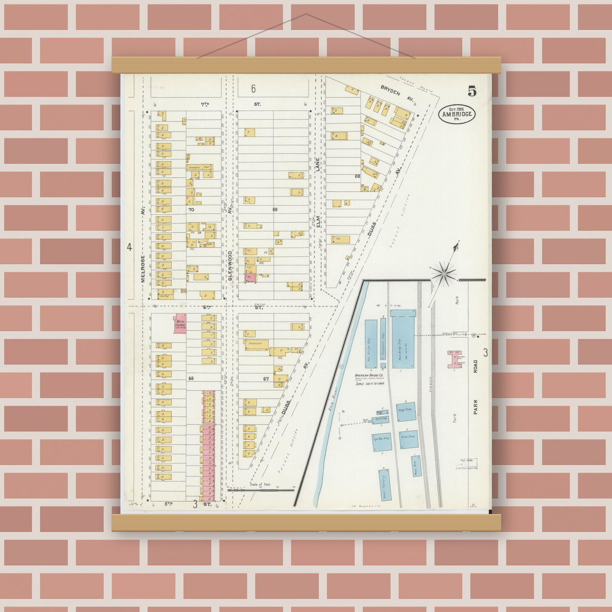Old map wall art mockup — magnetic wood frame on brick wall — Sanborn Fire Insurance Map from Ambridge, Beaver County, Pennsylvania (1905), Sheet #0005