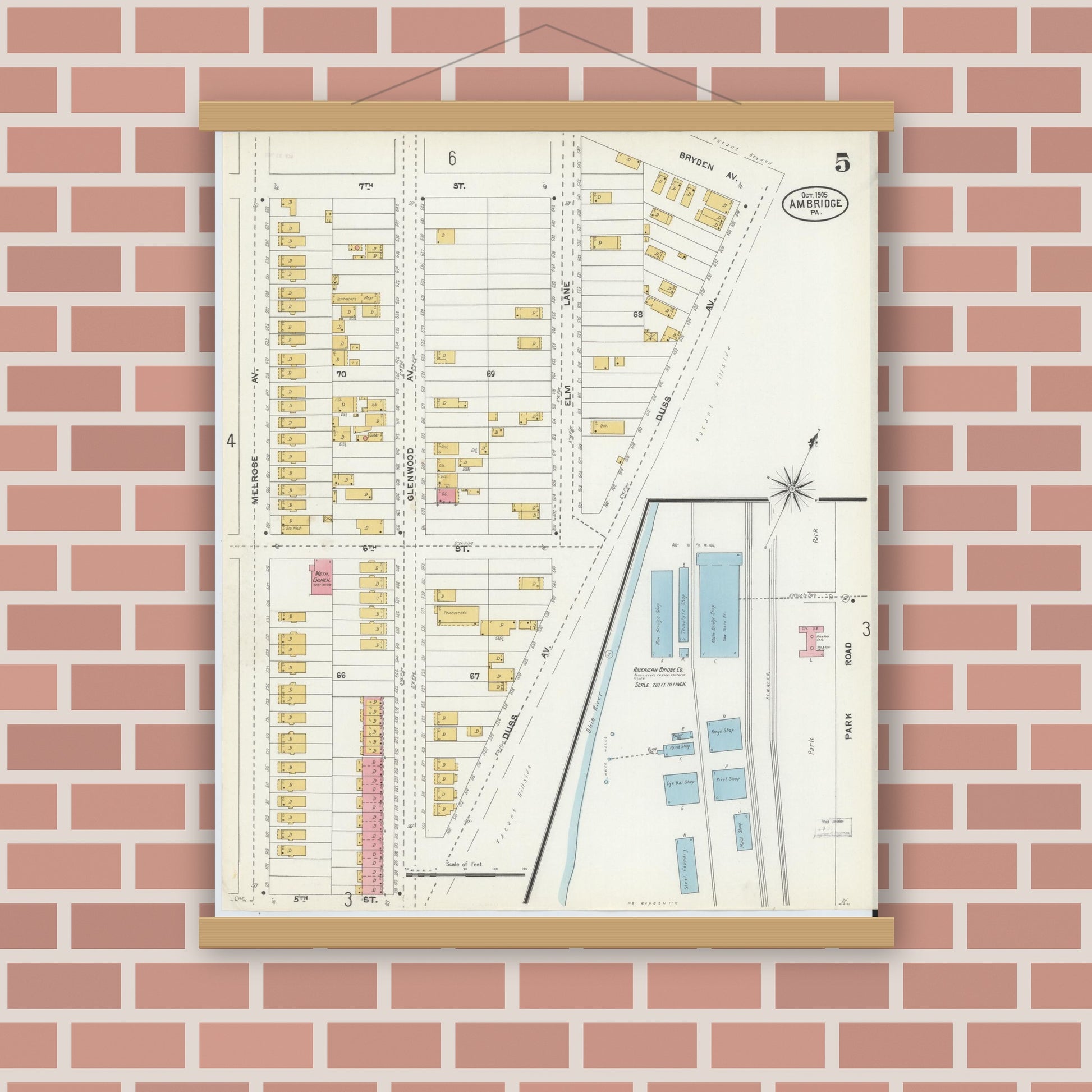 Old map wall art mockup — magnetic wood frame on brick wall — Sanborn Fire Insurance Map from Ambridge, Beaver County, Pennsylvania (1905), Sheet #0005