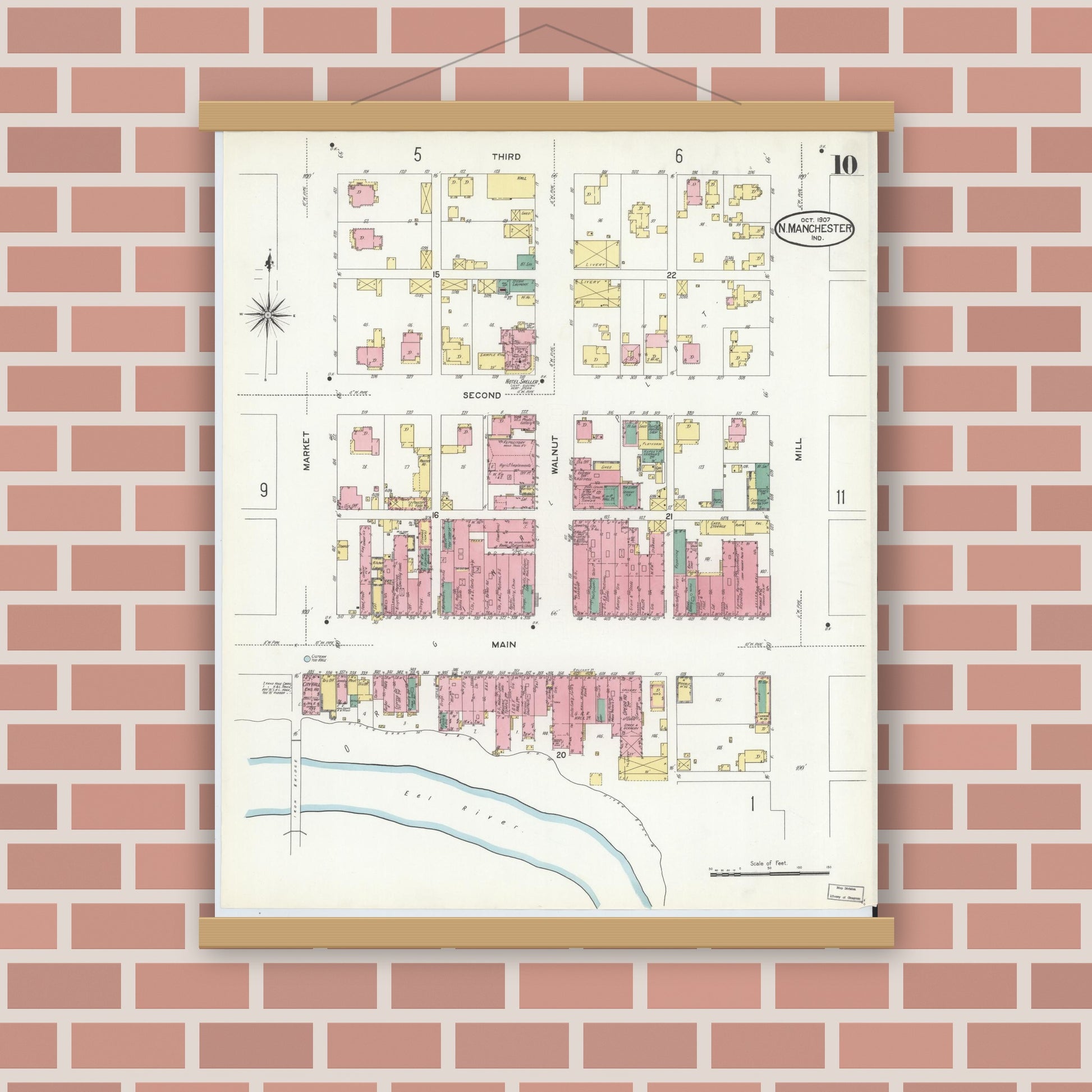 Old map wall art mockup — magnetic wood frame on brick wall — Sanborn Fire Insurance Map from North Manchester, Wabash County, Indiana (1907), Sheet #0010