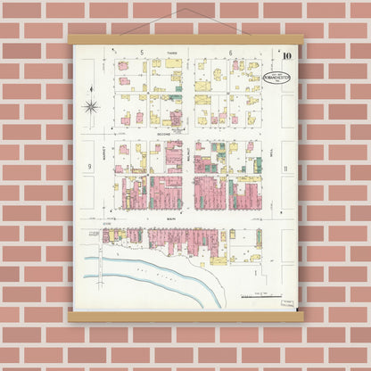 Old map wall art mockup — magnetic wood frame on brick wall — Sanborn Fire Insurance Map from North Manchester, Wabash County, Indiana (1907), Sheet #0010