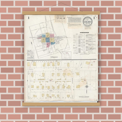 Old map wall art mockup — magnetic wood frame on brick wall — Sanborn Fire Insurance Map from Shelbina, Shelby County, Missouri (1943) - Complete Map Set