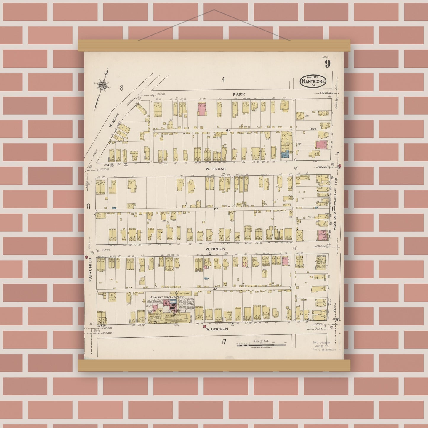 Old map wall art mockup — magnetic wood frame on brick wall — Sanborn Fire Insurance Map from Nanticoke, Luzerne County, Pennsylvania (1920), Sheet #0009