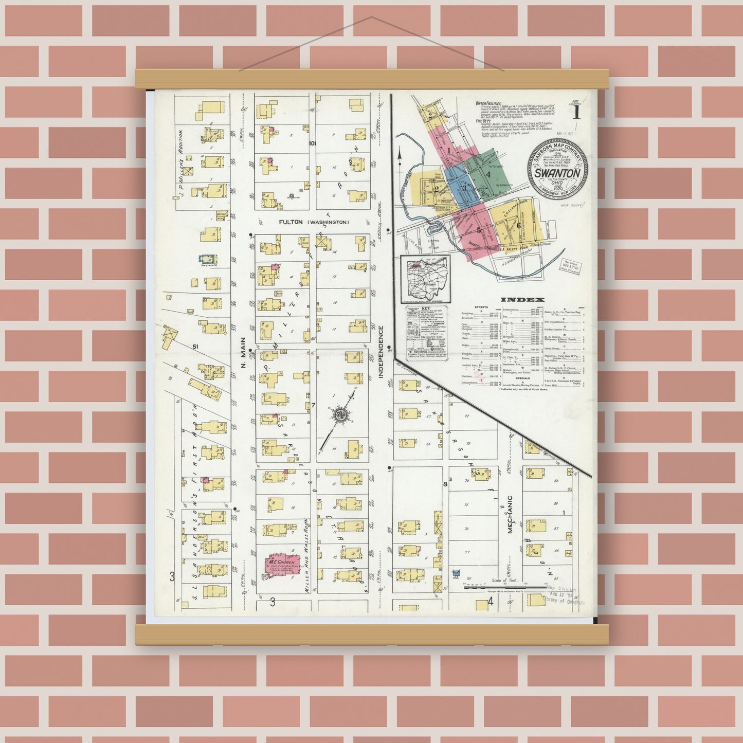 Old map wall art mockup — magnetic wood frame on brick wall — Sanborn Fire Insurance Map from Swanton, Fulton County, Ohio (1920), Sheet #0001