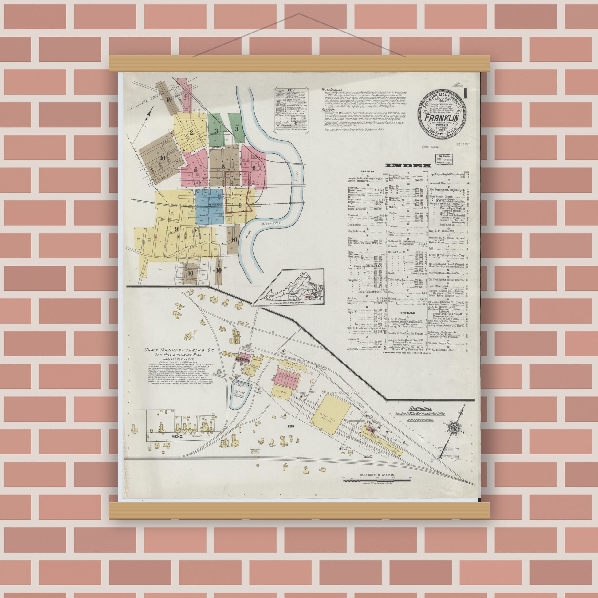 Old map wall art mockup — magnetic wood frame on brick wall — Sanborn Fire Insurance Map from Franklin, Independent Cities, Virginia (1917) - Complete Map Set
