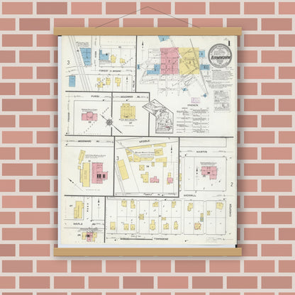Old map wall art mockup — magnetic wood frame on brick wall — Sanborn Fire Insurance Map from Birmingham, Oakland County, Michigan (1915), Sheet #0001