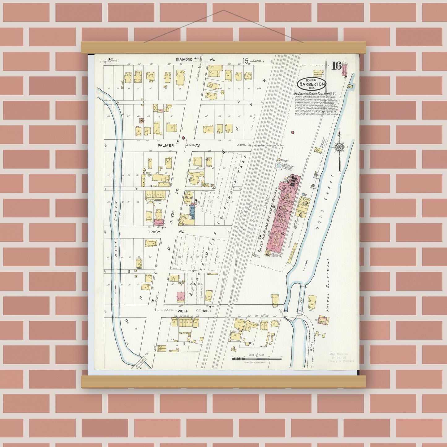 Old map wall art mockup — magnetic wood frame on brick wall — Sanborn Fire Insurance Map from Barberton, Summit County, Ohio (1916), Sheet #0016