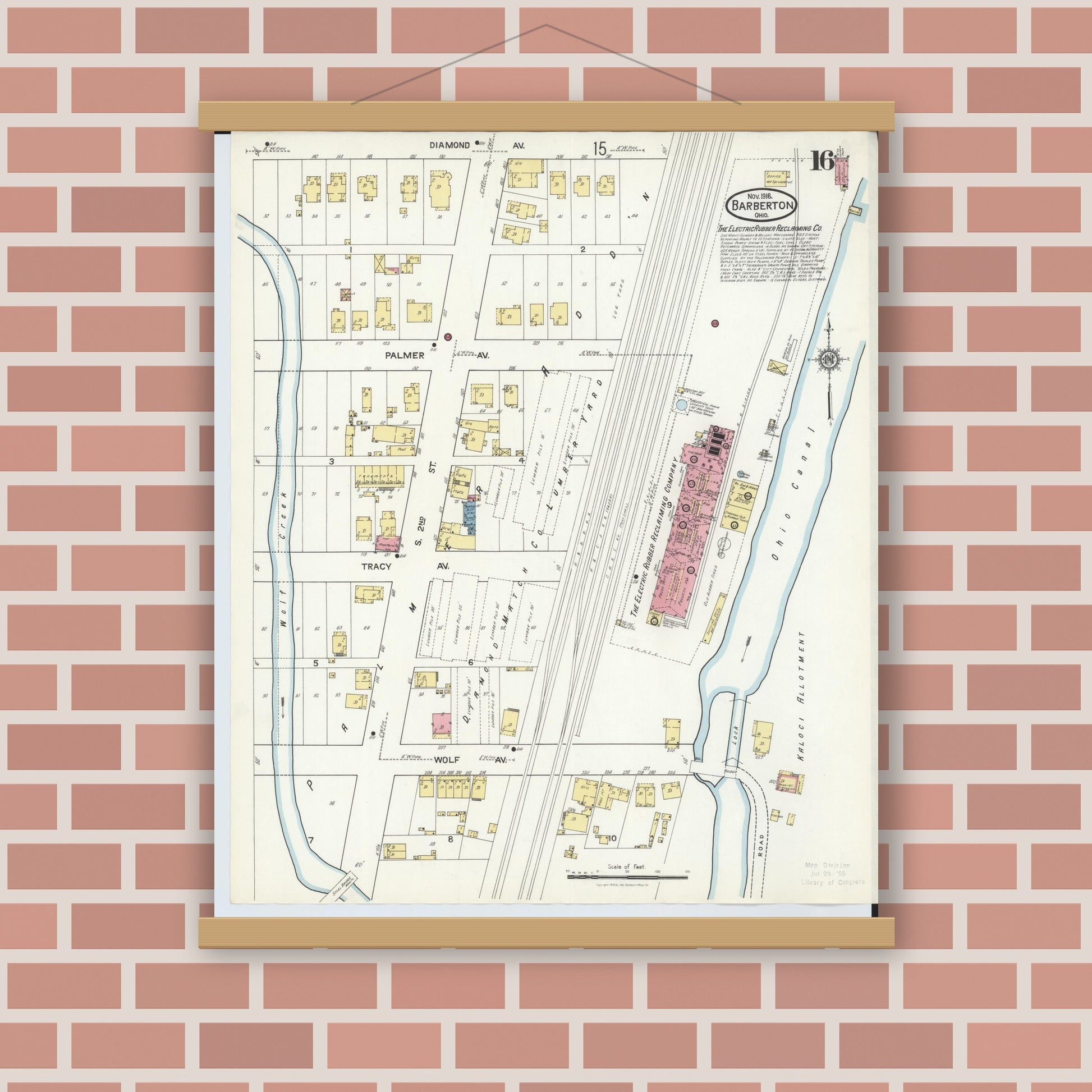 Old map wall art mockup — magnetic wood frame on brick wall — Sanborn Fire Insurance Map from Barberton, Summit County, Ohio (1916), Sheet #0016