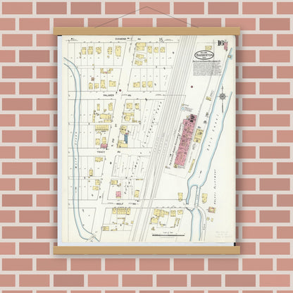 Old map wall art mockup — magnetic wood frame on brick wall — Sanborn Fire Insurance Map from Barberton, Summit County, Ohio (1916), Sheet #0016
