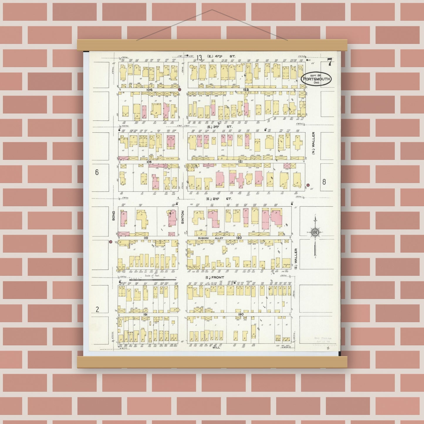 Old map wall art mockup — magnetic wood frame on brick wall — Sanborn Fire Insurance Map from Portsmouth, Scioto County, Ohio (1911), Sheet #0007