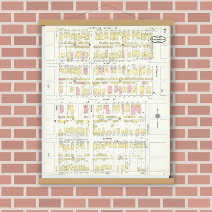 Old map wall art mockup — magnetic wood frame on brick wall — Sanborn Fire Insurance Map from Portsmouth, Scioto County, Ohio (1911), Sheet #0007