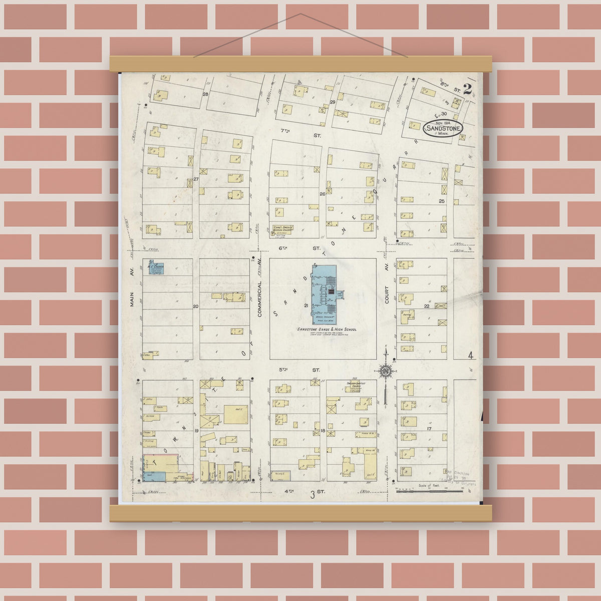 Old map wall art mockup — magnetic wood frame on brick wall — Sanborn Fire Insurance Map from Sandstone, Pine County, Minnesota (1914), Sheet #0002