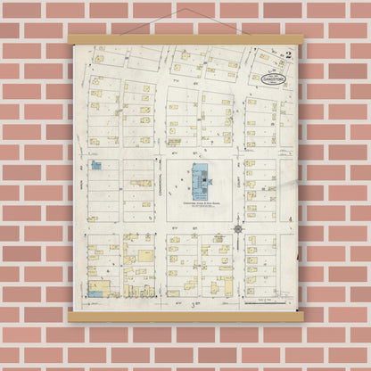 Old map wall art mockup — magnetic wood frame on brick wall — Sanborn Fire Insurance Map from Sandstone, Pine County, Minnesota (1914), Sheet #0002