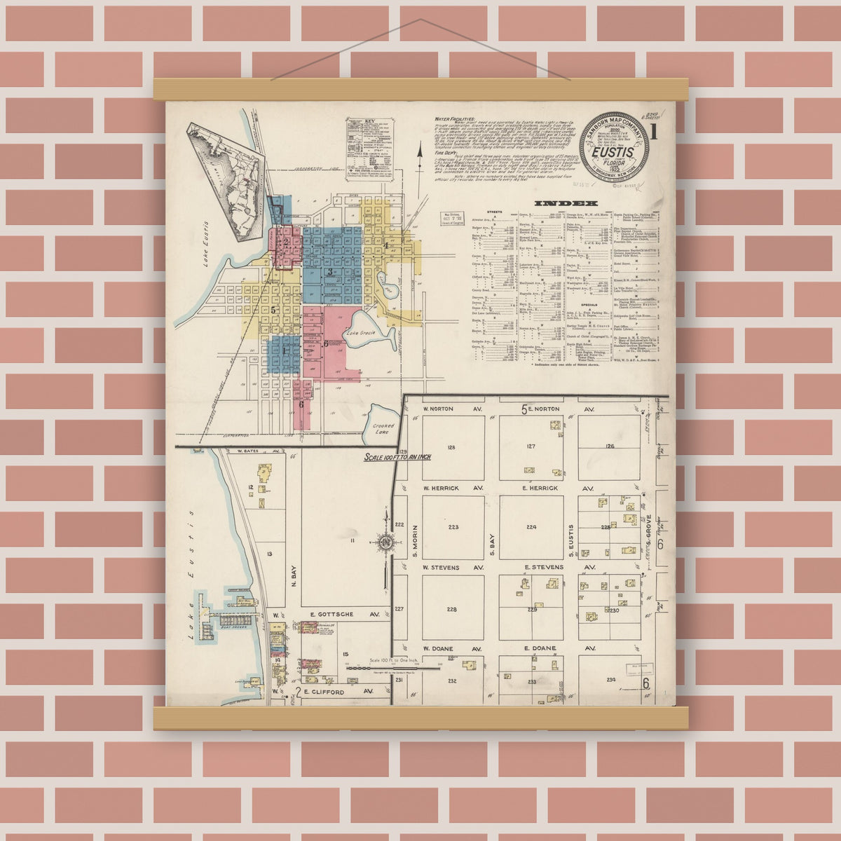 Old map wall art mockup — magnetic wood frame on brick wall — Sanborn Fire Insurance Map from Eustis, Lake County, Florida (1922) - Complete Map Set