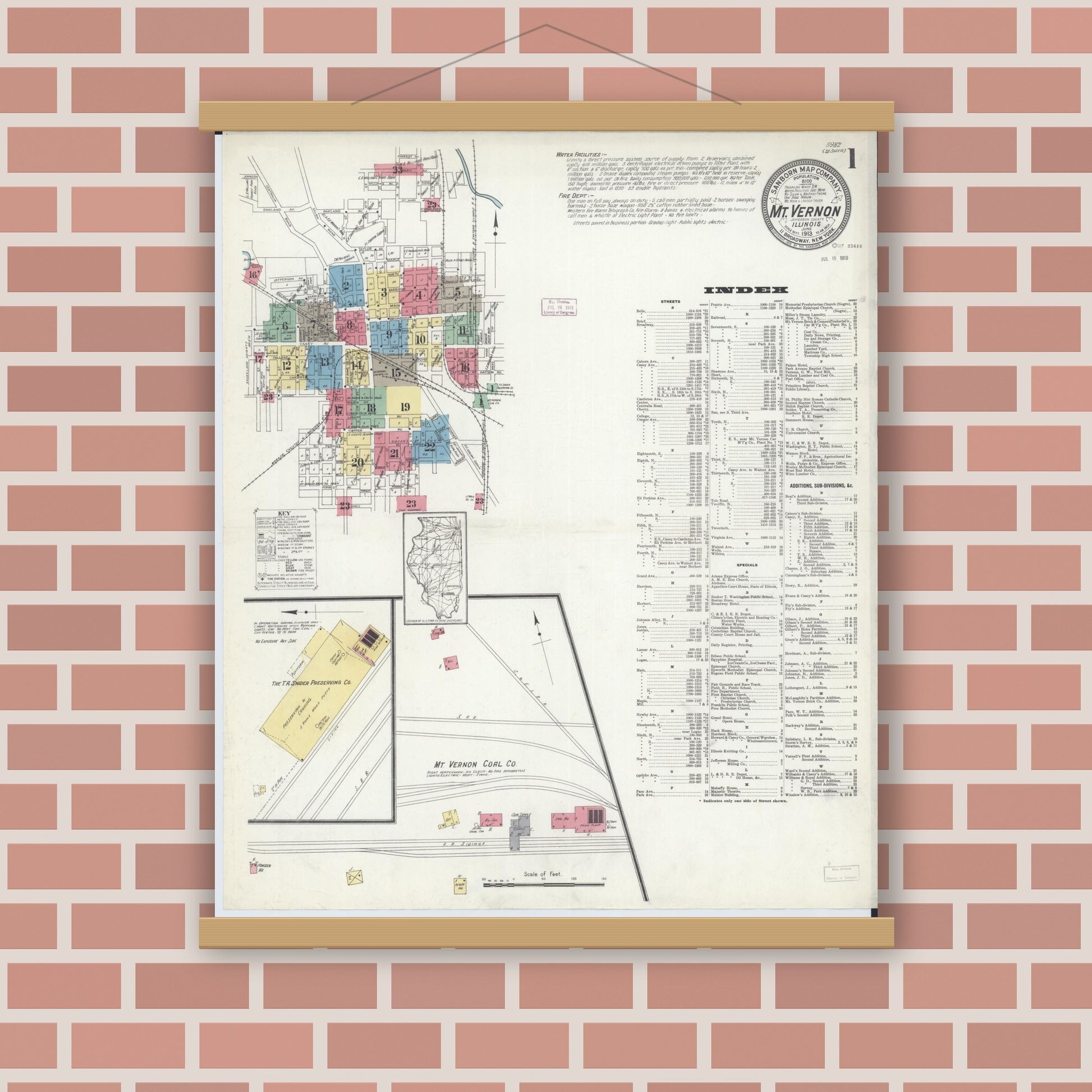 Old map wall art mockup — magnetic wood frame on brick wall — Sanborn Fire Insurance Map from Mount Vernon, Jefferson County, Illinois (1913) - Complete Map Set