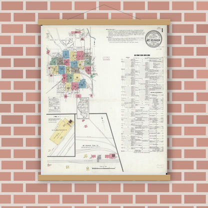Old map wall art mockup — magnetic wood frame on brick wall — Sanborn Fire Insurance Map from Mount Vernon, Jefferson County, Illinois (1913) - Complete Map Set