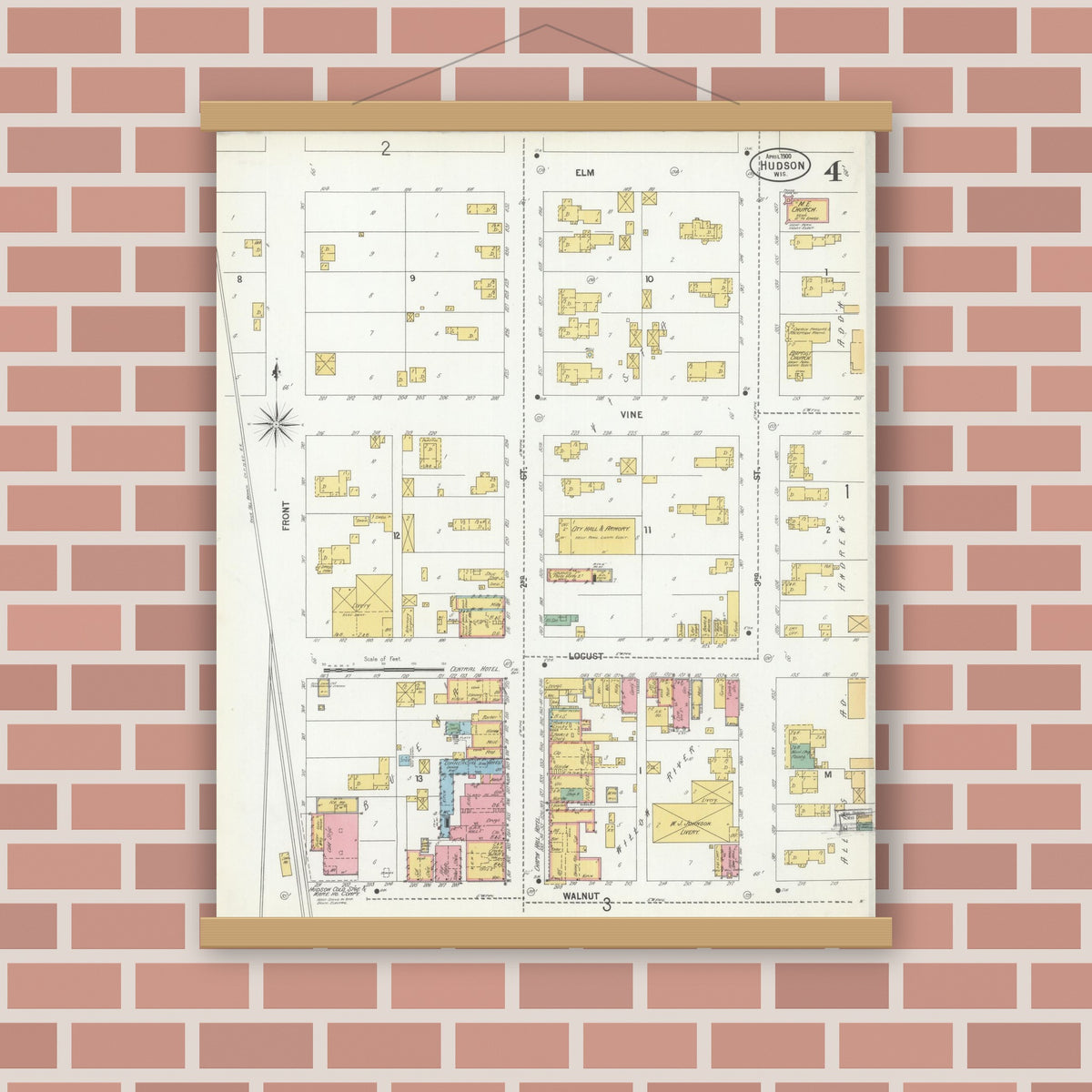 Old map wall art mockup — magnetic wood frame on brick wall — Sanborn Fire Insurance Map from Hudson, St. Croix County, Wisconsin (1900), Sheet #0004