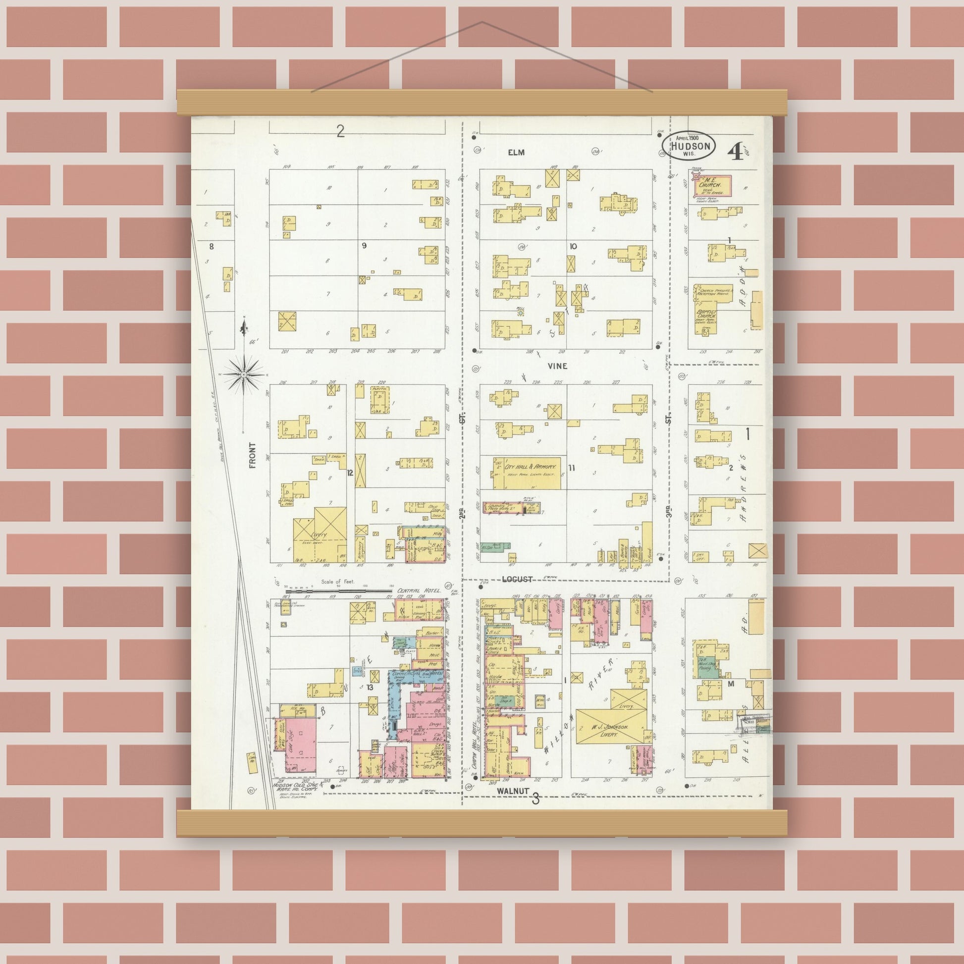 Old map wall art mockup — magnetic wood frame on brick wall — Sanborn Fire Insurance Map from Hudson, St. Croix County, Wisconsin (1900), Sheet #0004