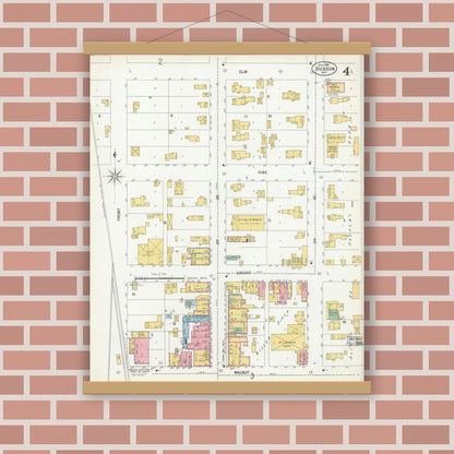Old map wall art mockup — magnetic wood frame on brick wall — Sanborn Fire Insurance Map from Hudson, St. Croix County, Wisconsin (1900), Sheet #0004