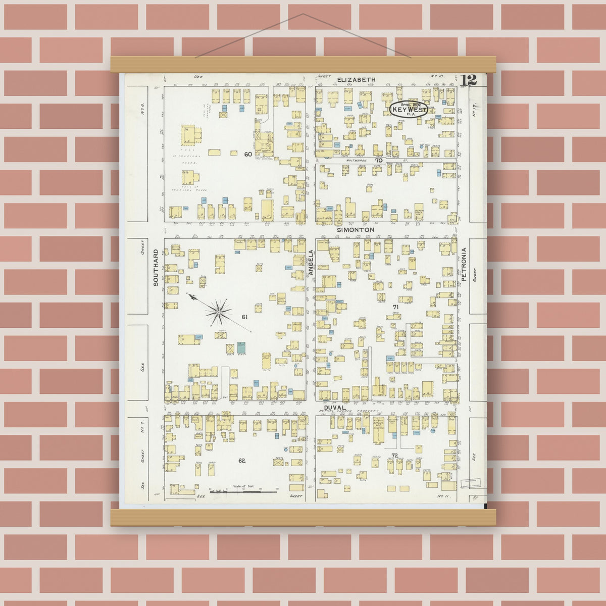 Old map wall art mockup — magnetic wood frame on brick wall — Sanborn Fire Insurance Map from Key West, Monroe County, Florida (1892), Sheet #0012