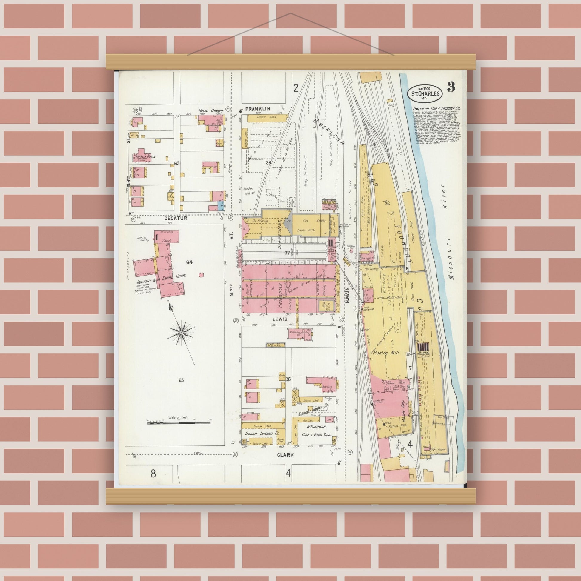 Old map wall art mockup — magnetic wood frame on brick wall — Sanborn Fire Insurance Map from Saint Charles, Saint Charles County, Missouri (1900), Sheet #0003