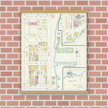 Old map wall art mockup — magnetic wood frame on brick wall — Sanborn Fire Insurance Map from Bemidji, Beltrami County, Minnesota (1916), Sheet #0006