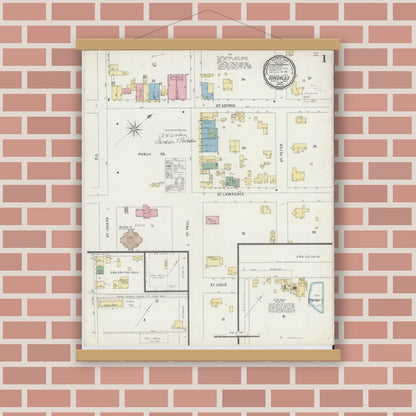 Old map wall art mockup — magnetic wood frame on brick wall — Sanborn Fire Insurance Map from Gonzales, Gonzales County, Texas (1896), Sheet #0001