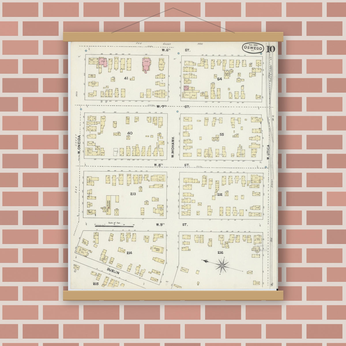 Old map wall art mockup — magnetic wood frame on brick wall — Sanborn Fire Insurance Map from Oswego, Oswego County, New York (1890), Sheet #0010