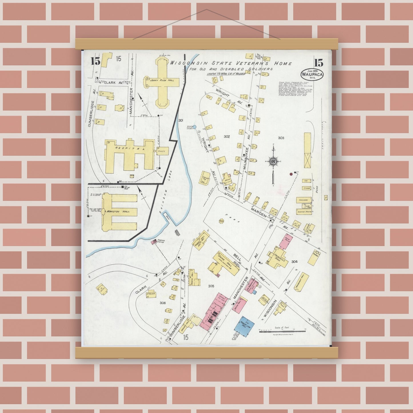 Old map wall art mockup — magnetic wood frame on brick wall — Sanborn Fire Insurance Map from Waupaca, Waupaca County, Wisconsin (1924), Sheet #0015