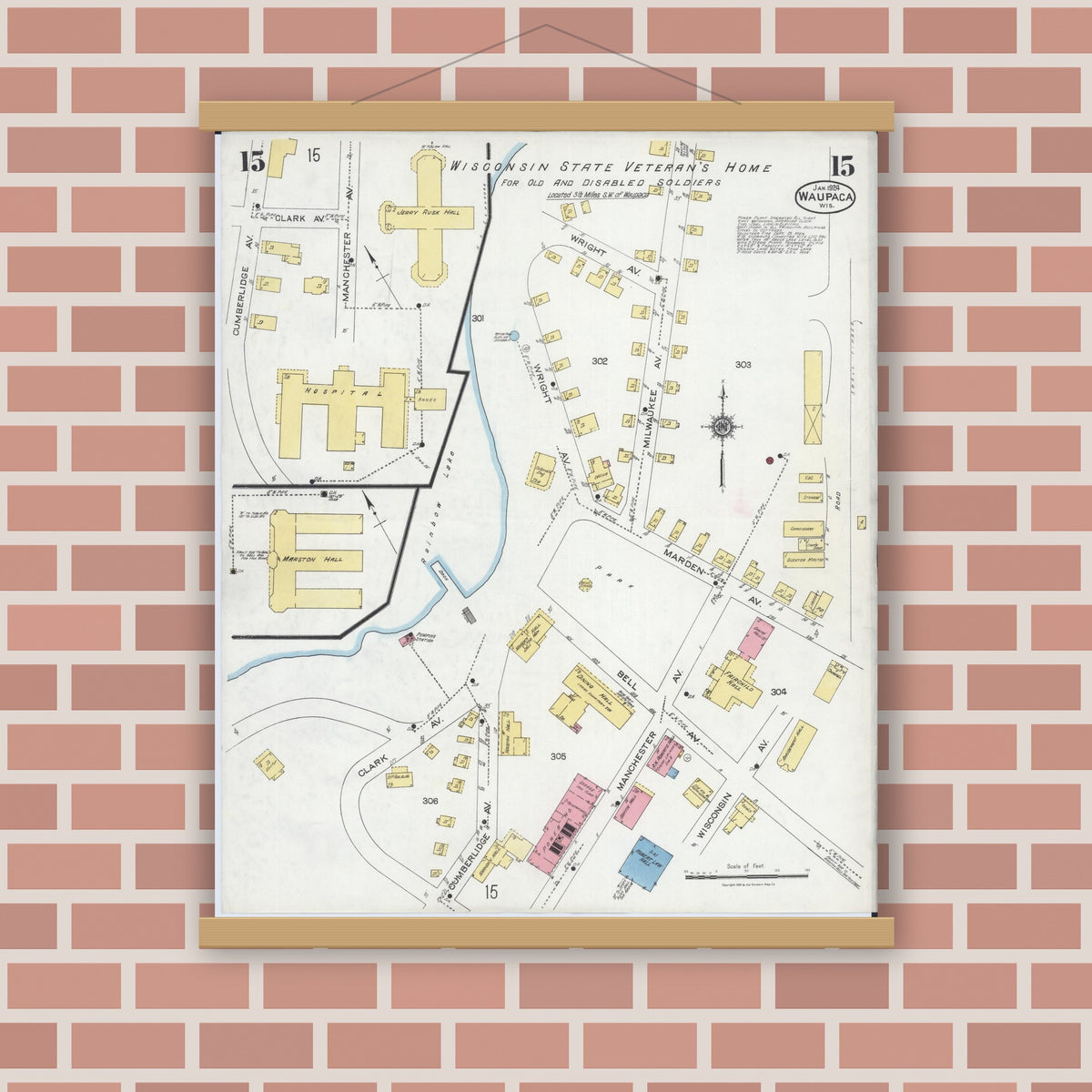 Old map wall art mockup — magnetic wood frame on brick wall — Sanborn Fire Insurance Map from Waupaca, Waupaca County, Wisconsin (1924), Sheet #0015
