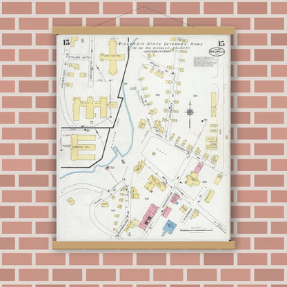 Old map wall art mockup — magnetic wood frame on brick wall — Sanborn Fire Insurance Map from Waupaca, Waupaca County, Wisconsin (1924), Sheet #0015