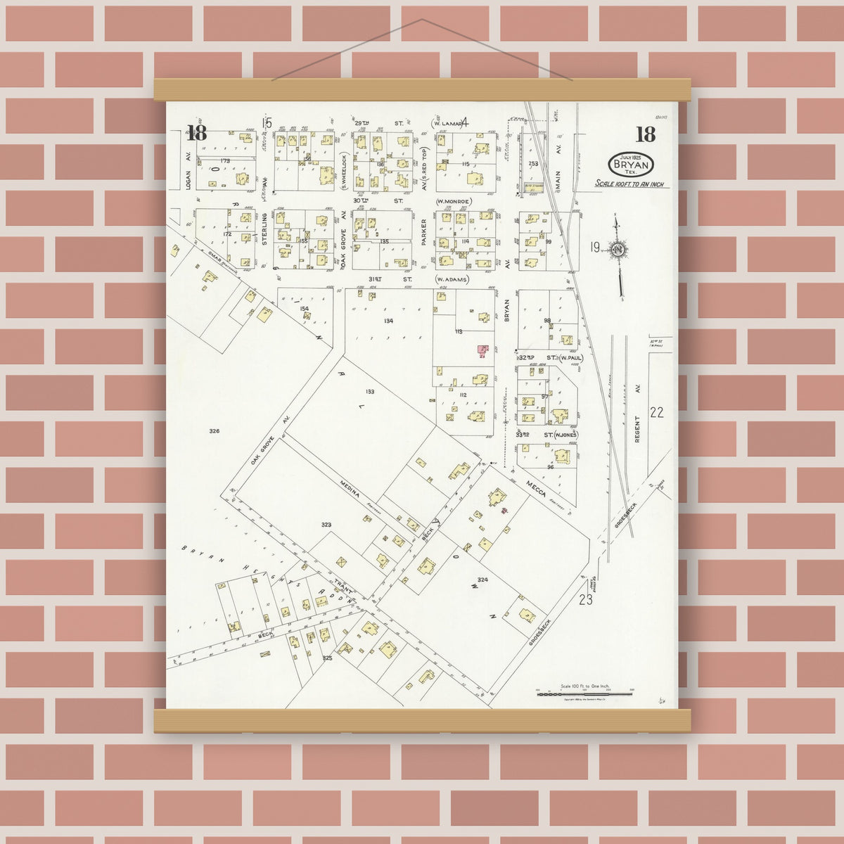 Old map wall art mockup — magnetic wood frame on brick wall — Sanborn Fire Insurance Map from Bryan, Brazos County, Texas (1925), Sheet #0018