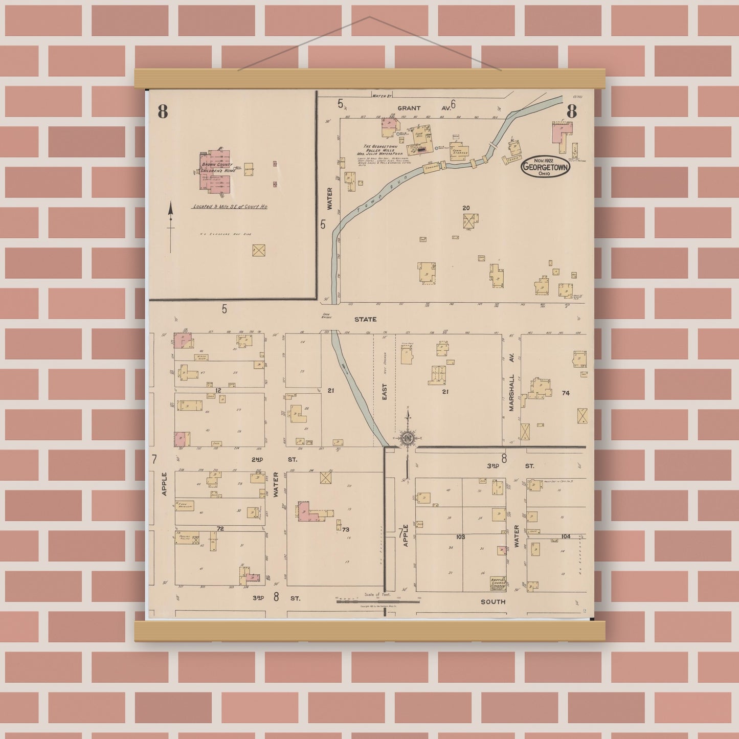 Old map wall art mockup — magnetic wood frame on brick wall — Sanborn Fire Insurance Map from Georgetown, Brown County, Ohio (1922), Sheet #0008