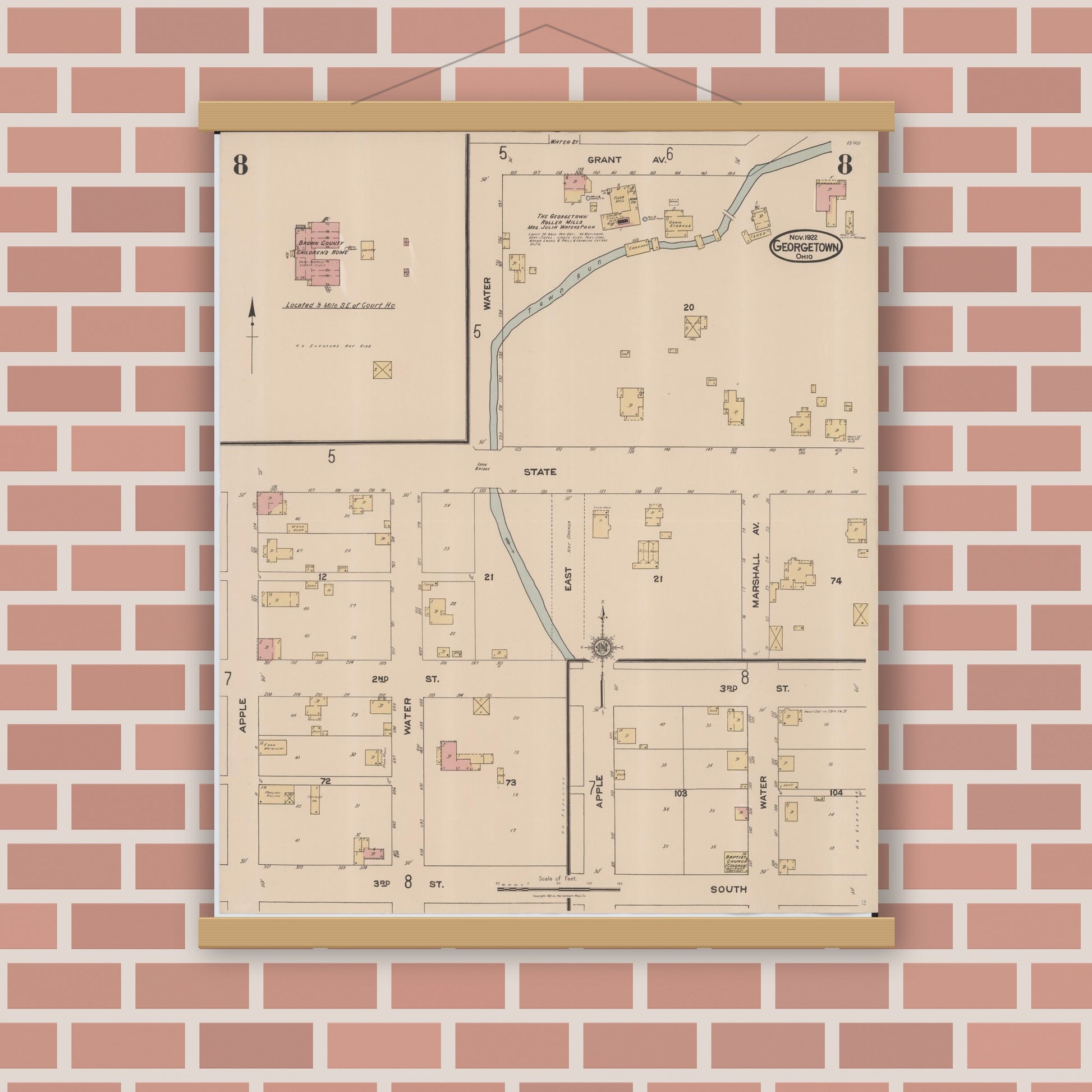 Old map wall art mockup — magnetic wood frame on brick wall — Sanborn Fire Insurance Map from Georgetown, Brown County, Ohio (1922), Sheet #0008