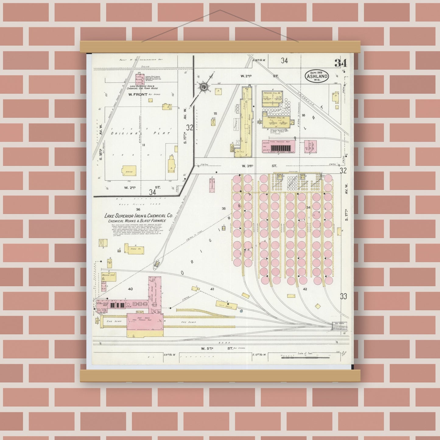 Old map wall art mockup — magnetic wood frame on brick wall — Sanborn Fire Insurance Map from Ashland, Ashland County, Wisconsin (1909), Sheet #0034