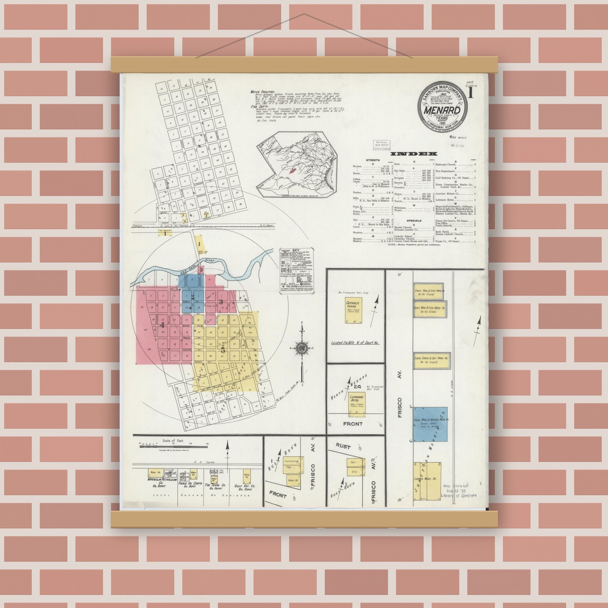 Old map wall art mockup — magnetic wood frame on brick wall — Sanborn Fire Insurance Map from Menard, Menard County, Texas (1921), Sheet #0001