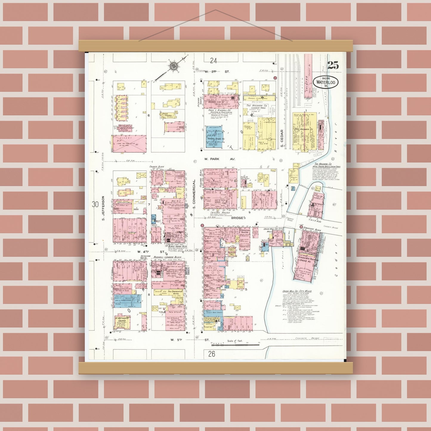 Old map wall art mockup — magnetic wood frame on brick wall — Sanborn Fire Insurance Map from Waterloo, Black Hawk County, Iowa (1910), Sheet #0025