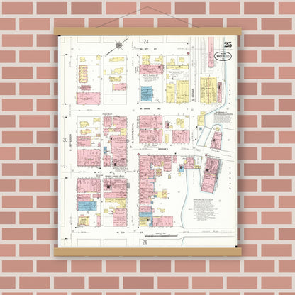 Old map wall art mockup — magnetic wood frame on brick wall — Sanborn Fire Insurance Map from Waterloo, Black Hawk County, Iowa (1910), Sheet #0025