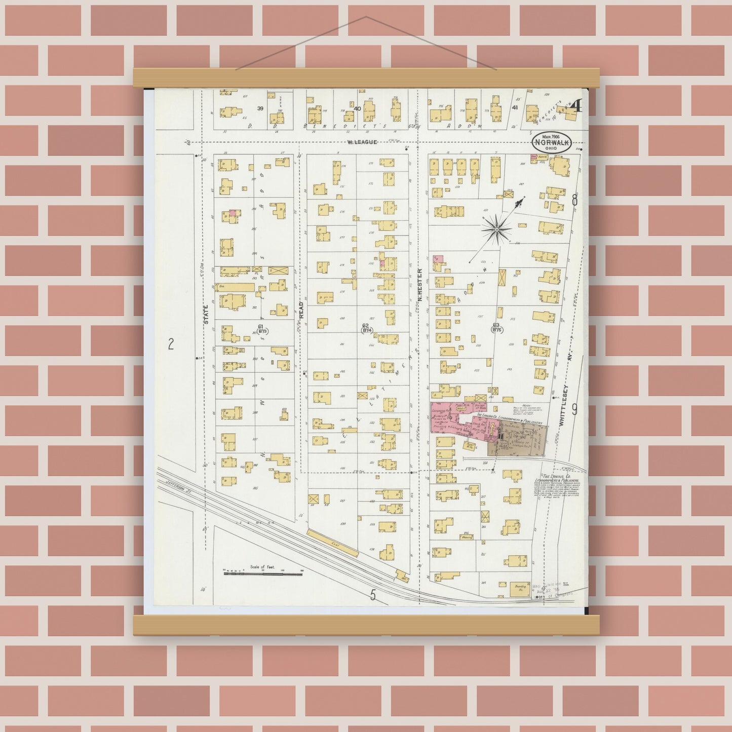 Old map wall art mockup — magnetic wood frame on brick wall — Sanborn Fire Insurance Map from Norwalk, Huron County, Ohio (1906), Sheet #0004