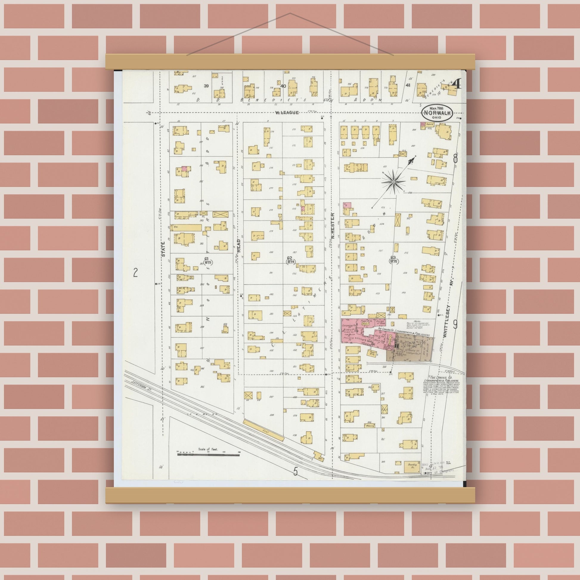 Old map wall art mockup — magnetic wood frame on brick wall — Sanborn Fire Insurance Map from Norwalk, Huron County, Ohio (1906), Sheet #0004