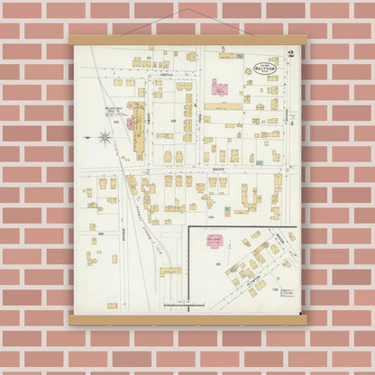 Old map wall art mockup — magnetic wood frame on brick wall — Sanborn Fire Insurance Map from Waltham, Middlesex County, Massachusetts (1897), Sheet #0002