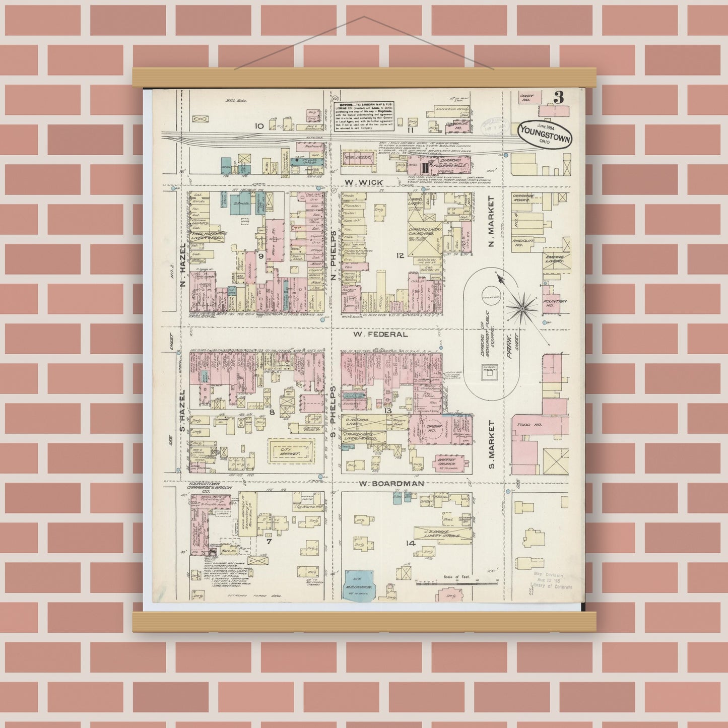 Old map wall art mockup — magnetic wood frame on brick wall — Sanborn Fire Insurance Map from Youngstown, Mahoning County, Ohio (1884), Sheet #0003