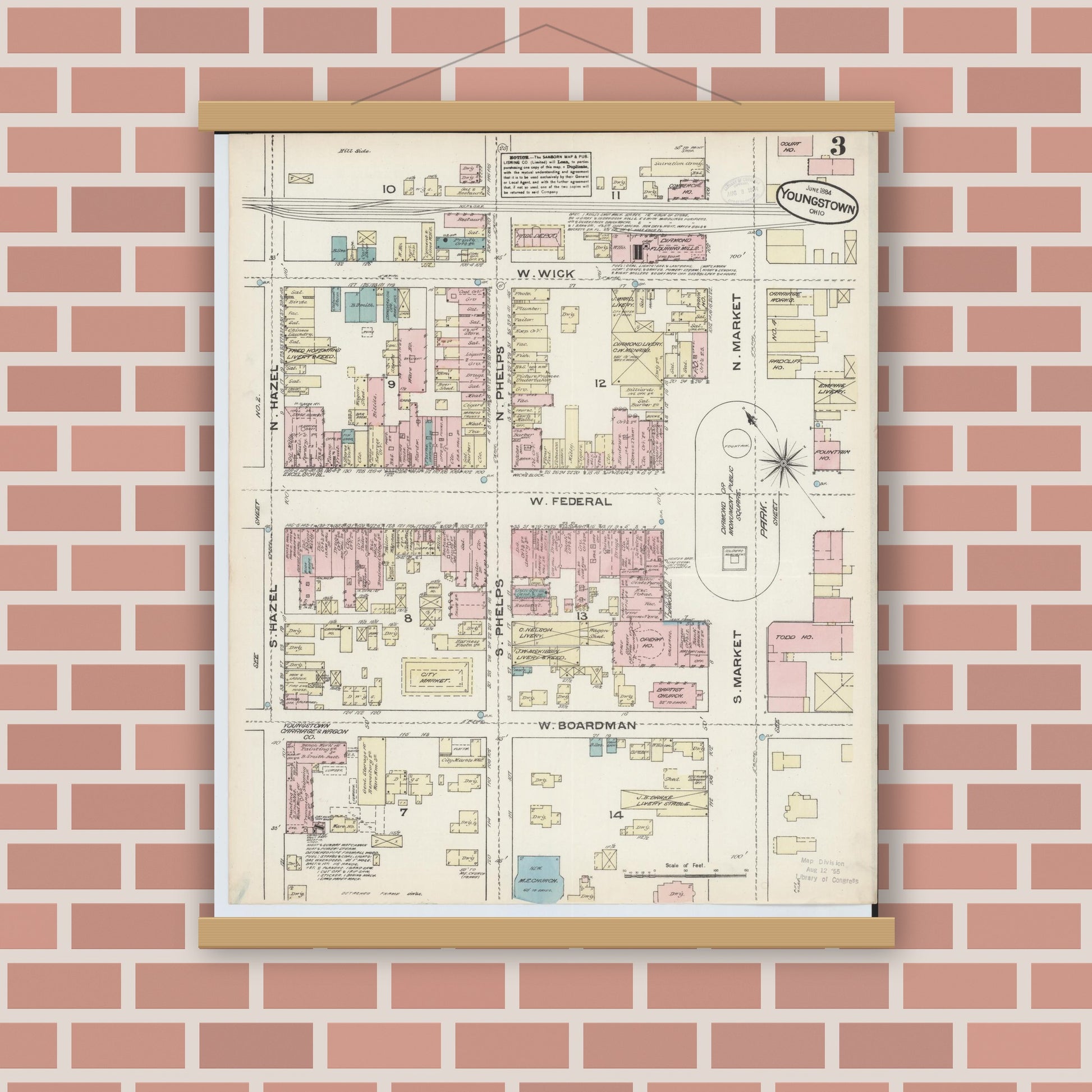 Old map wall art mockup — magnetic wood frame on brick wall — Sanborn Fire Insurance Map from Youngstown, Mahoning County, Ohio (1884), Sheet #0003