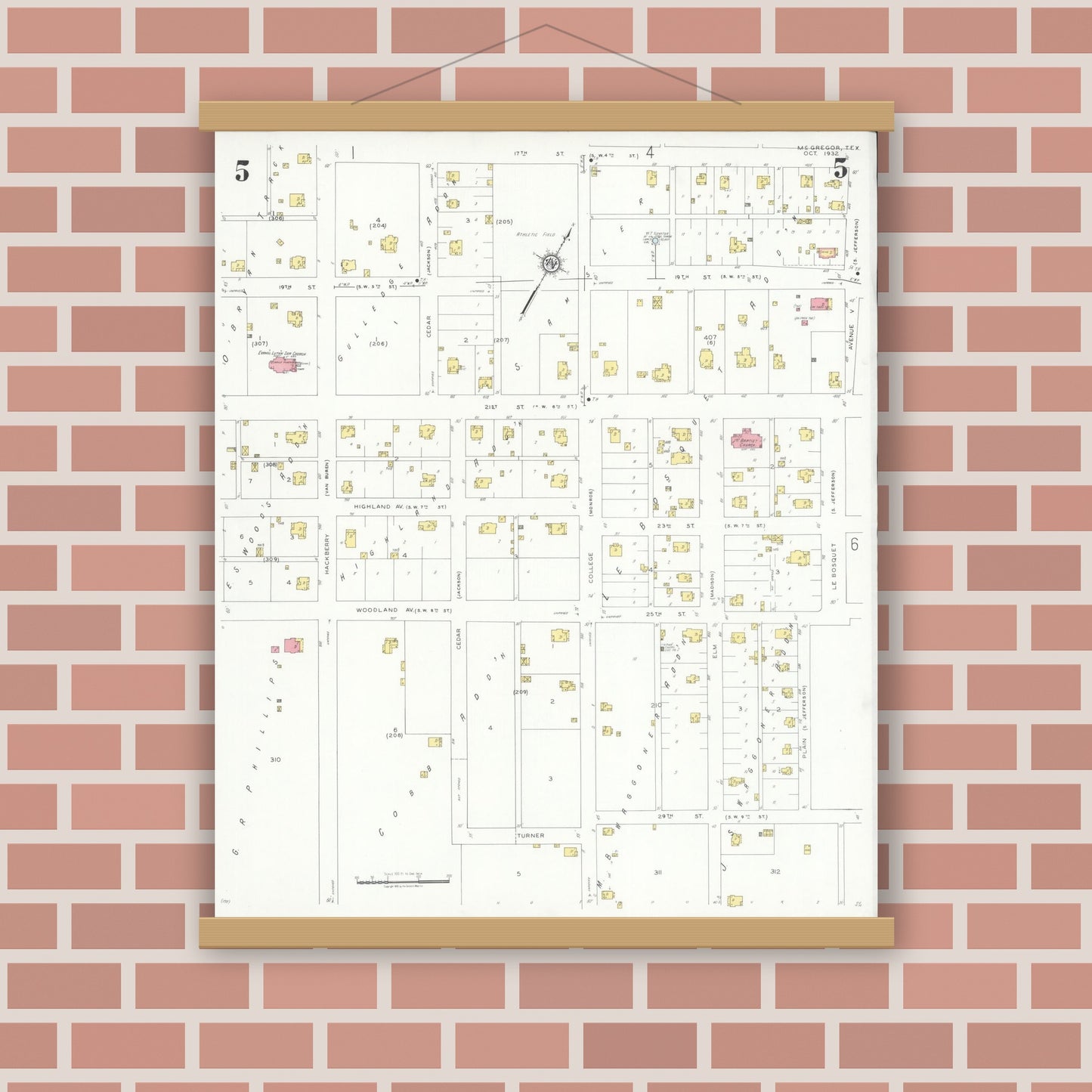 Old map wall art mockup — magnetic wood frame on brick wall — Sanborn Fire Insurance Map from McGregor, McLennan County, Texas (1932), Sheet #0005