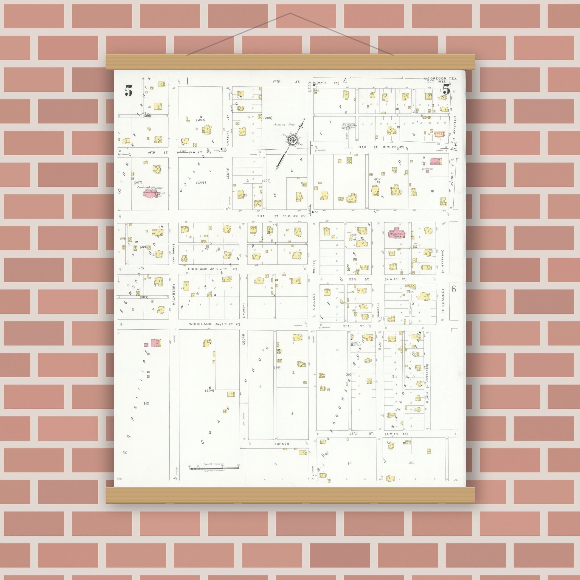 Old map wall art mockup — magnetic wood frame on brick wall — Sanborn Fire Insurance Map from McGregor, McLennan County, Texas (1932), Sheet #0005