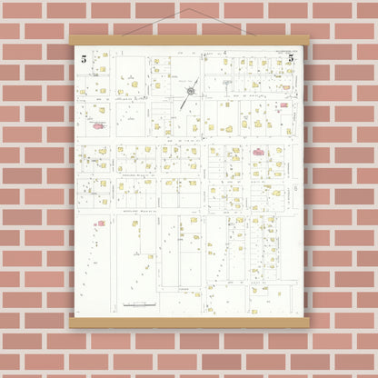 Old map wall art mockup — magnetic wood frame on brick wall — Sanborn Fire Insurance Map from McGregor, McLennan County, Texas (1932), Sheet #0005