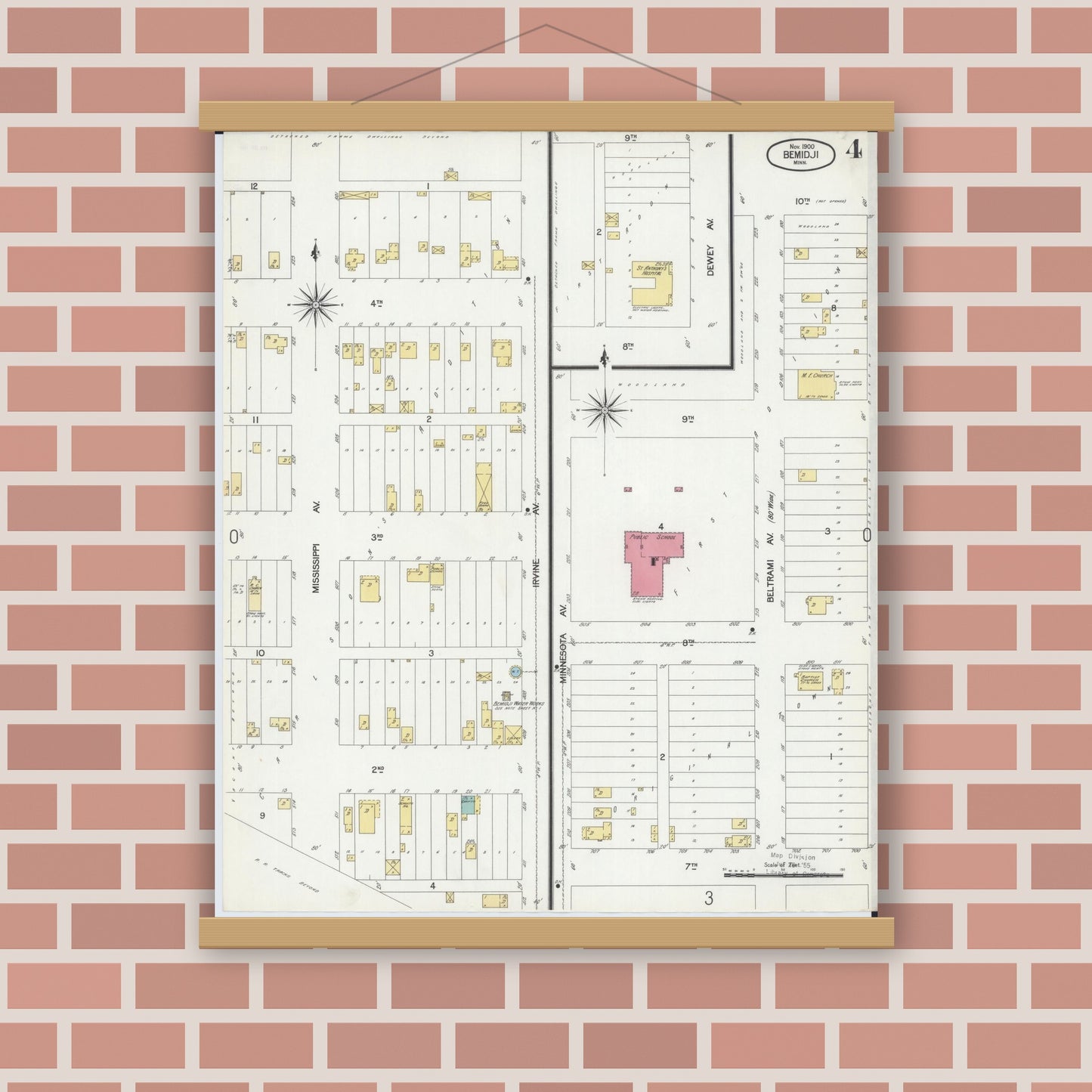 Old map wall art mockup — magnetic wood frame on brick wall — Sanborn Fire Insurance Map from Bemidji, Beltrami County, Minnesota (1900), Sheet #0004