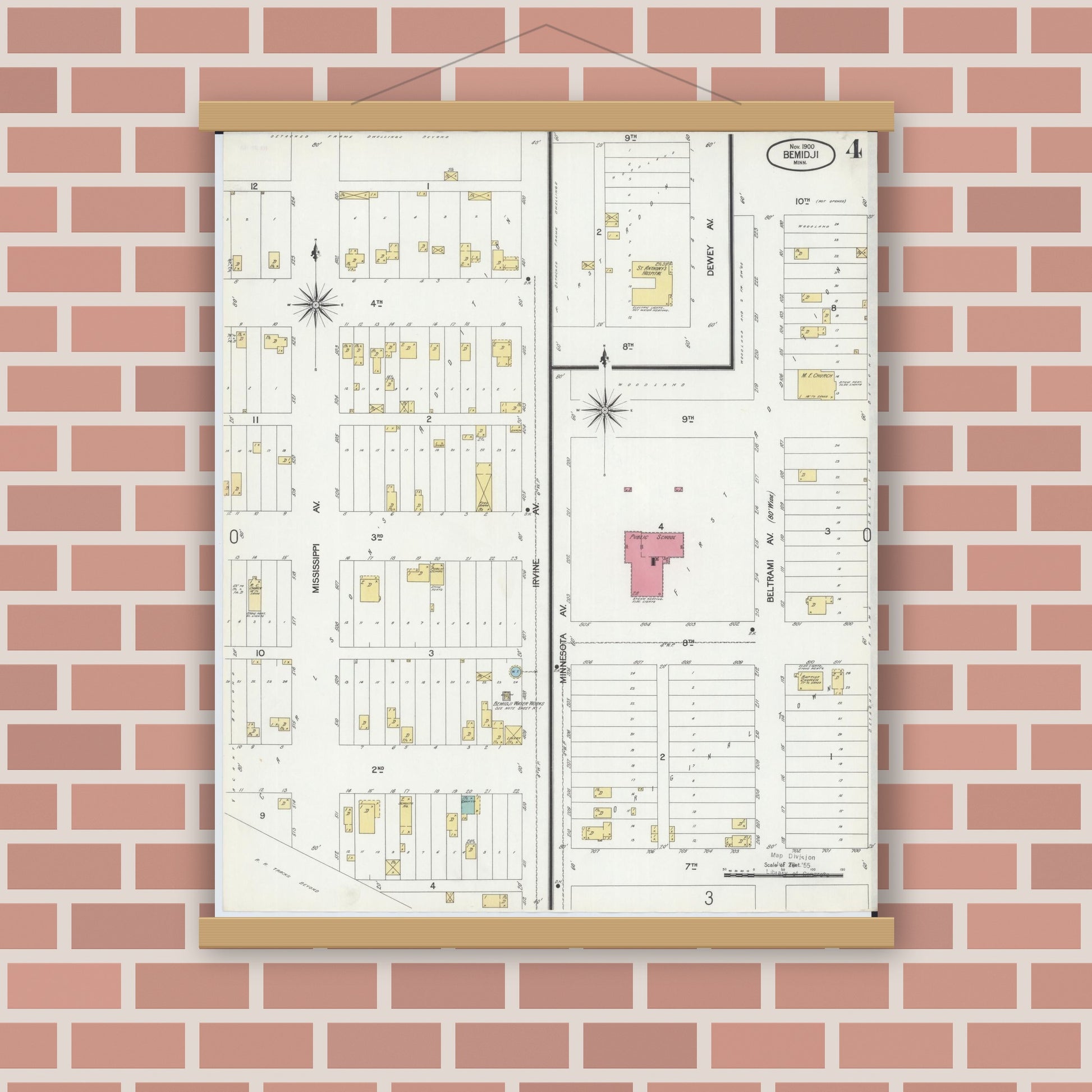 Old map wall art mockup — magnetic wood frame on brick wall — Sanborn Fire Insurance Map from Bemidji, Beltrami County, Minnesota (1900), Sheet #0004