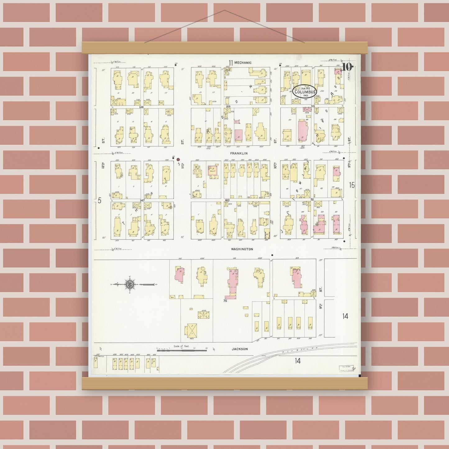 Old map wall art mockup — magnetic wood frame on brick wall — Sanborn Fire Insurance Map from Columbus, Bartholomew County, Indiana (1912), Sheet #0010